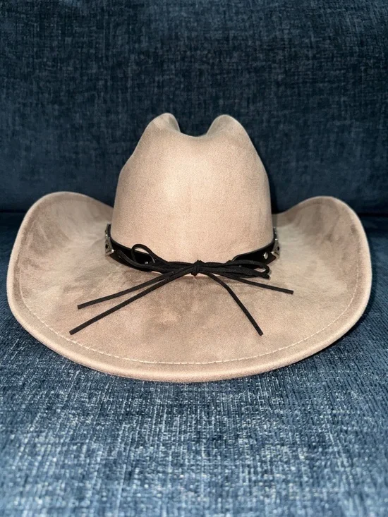 Suede Western Fedora Hat in Taupe with Studded Band - Picture 4 of 12